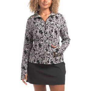 Tommy Bahama Womens Black Floral UPF 50 Quarter Zip Pockets Long Sleeve Top Sz S